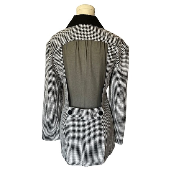 Vintage 80s 90s Black White Houndstooth Sheer Cut Out Back Blazer Chic Jacket - Picture 1 of 6